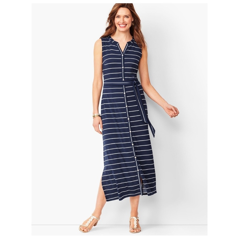 NWT Talbots Striped Maxi‎ Dress Blue White Button Front Belted Sleeveless SP
